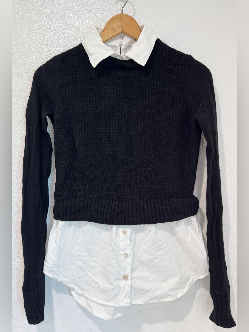 Veronica Beard Wool Cashmere Preppy Layered Waffle Sweater Shirt Combo Black XS